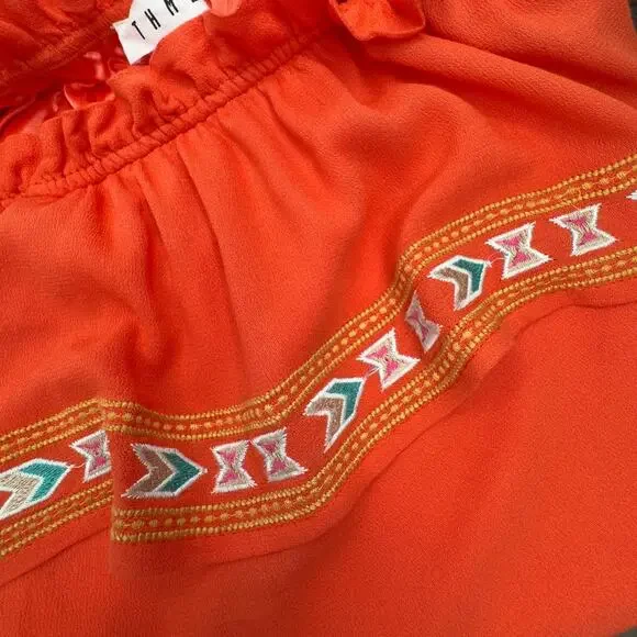 THML Orange Embroidered Off Shoulder Ruffle Mini Dress Aztec Festival Beach M - Picture 10 of 13